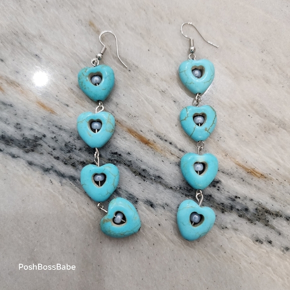 Long Turquoise Heart Drop Earrings – 4" Boho Statement Dangles - Picture 1 of 6